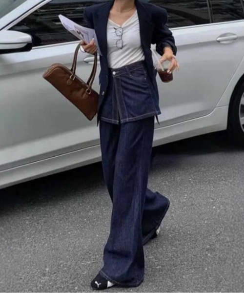 Teem Store（チームストア）の「【再入荷】【動画あり】スカートレイヤード風ハイウエストフレアデニムパンツ 美脚効果（デニムパンツ・レディース・インディゴブルー・M/L）」の5枚目の写真