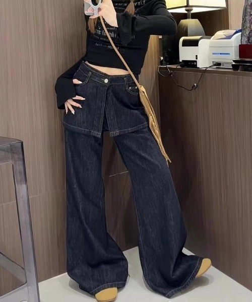 Teem Store（チームストア）の「【再入荷】【動画あり】スカートレイヤード風ハイウエストフレアデニムパンツ 美脚効果（デニムパンツ・レディース・インディゴブルー・M/L）」の3枚目の写真