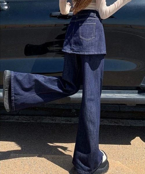 Teem Store（チームストア）の「【再入荷】【動画あり】スカートレイヤード風ハイウエストフレアデニムパンツ 美脚効果（デニムパンツ・レディース・インディゴブルー・M/L）」の10枚目の写真