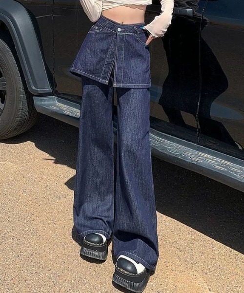 Teem Store（チームストア）の「【再入荷】【動画あり】スカートレイヤード風ハイウエストフレアデニムパンツ 美脚効果（デニムパンツ・レディース・インディゴブルー・M/L）」の11枚目の写真