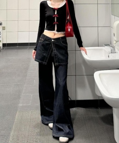 Teem Store（チームストア）の「【再入荷】【動画あり】スカートレイヤード風ハイウエストフレアデニムパンツ 美脚効果（デニムパンツ・レディース・インディゴブルー・M/L）」の13枚目の写真