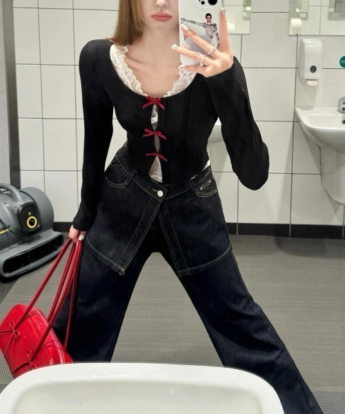 Teem Store（チームストア）の「【再入荷】【動画あり】スカートレイヤード風ハイウエストフレアデニムパンツ 美脚効果（デニムパンツ・レディース・インディゴブルー・M/L）」の14枚目の写真