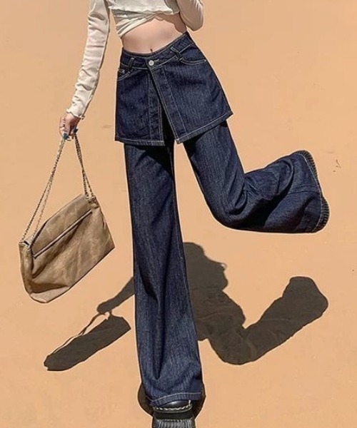 Teem Store（チームストア）の「【再入荷】【動画あり】スカートレイヤード風ハイウエストフレアデニムパンツ 美脚効果（デニムパンツ・レディース・インディゴブルー・M/L）」の12枚目の写真