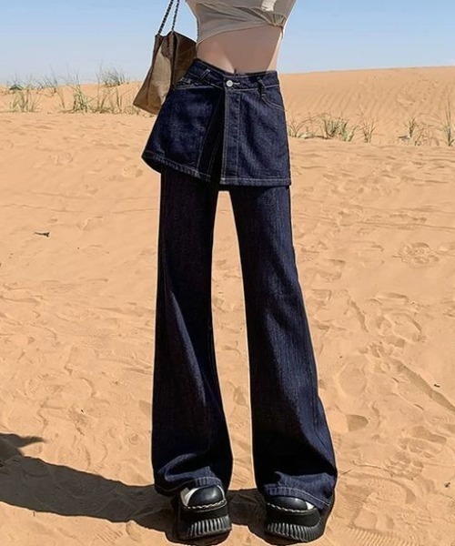 Teem Store（チームストア）の「【再入荷】【動画あり】スカートレイヤード風ハイウエストフレアデニムパンツ 美脚効果（デニムパンツ・レディース・インディゴブルー・M/L）」の7枚目の写真