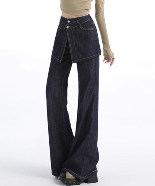 Teem Store（チームストア）の「【再入荷】【動画あり】スカートレイヤード風ハイウエストフレアデニムパンツ 美脚効果（デニムパンツ・レディース・インディゴブルー・M/L）」の16枚目の写真