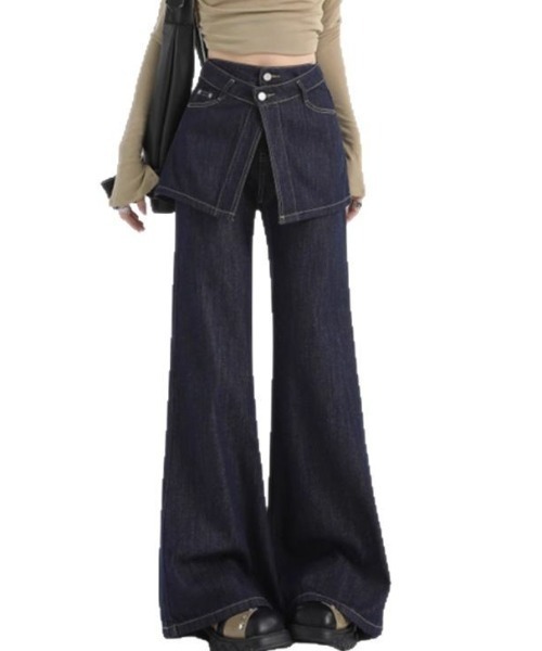 Teem Store（チームストア）の「【再入荷】【動画あり】スカートレイヤード風ハイウエストフレアデニムパンツ 美脚効果（デニムパンツ・レディース・インディゴブルー・M/L）」の18枚目の写真