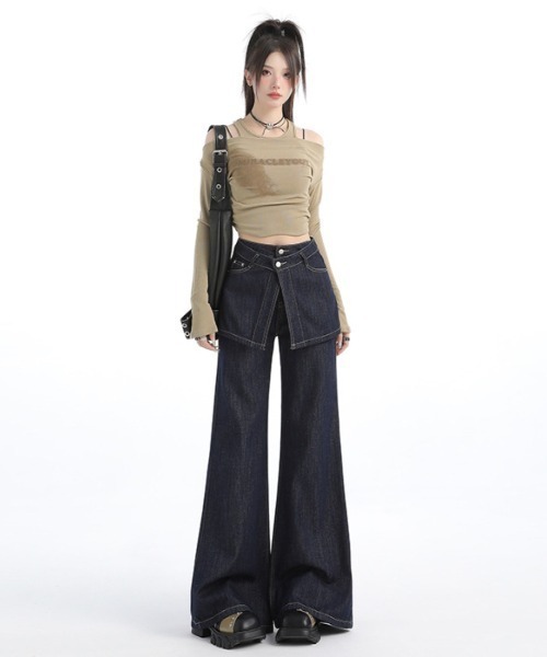 Teem Store（チームストア）の「【再入荷】【動画あり】スカートレイヤード風ハイウエストフレアデニムパンツ 美脚効果（デニムパンツ・レディース・インディゴブルー・M/L）」の19枚目の写真