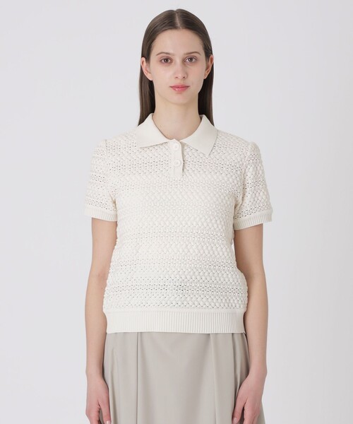 BLUE LABEL CRESTBRIDGE（ブルーレーベルクレストブリッジ）の「コットンレーシージャージーニットトップス（Tシャツ/カットソー・レディース・オフホワイト/ブラック・38）」の4枚目の写真