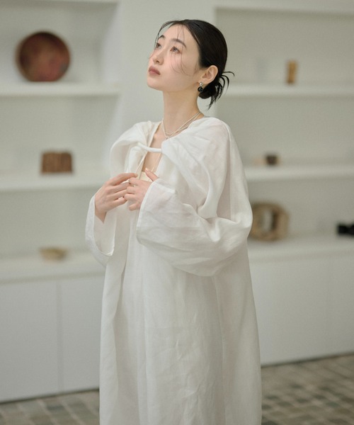 LAULEN(ローレン)の「Drape front cotton blend long dress /コットンブレンドフロントコンシャスロングワンピース(ワンピース・レディース・ホワイト/ブラック・FREE)」の13枚目の写真