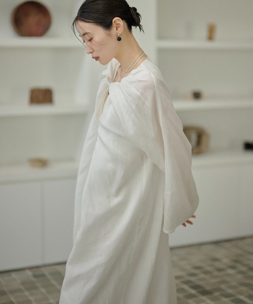 LAULEN(ローレン)の「Drape front cotton blend long dress /コットンブレンドフロントコンシャスロングワンピース(ワンピース・レディース・ホワイト/ブラック・FREE)」の14枚目の写真