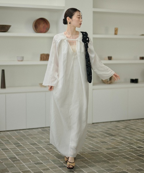 LAULEN(ローレン)の「Drape front cotton blend long dress /コットンブレンドフロントコンシャスロングワンピース(ワンピース・レディース・ホワイト/ブラック・FREE)」の18枚目の写真