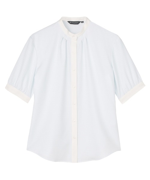 TOKYO SHIRTS(トウキョウシャツ)の「【吸水速乾】【COFREX】配色 ギャザー衿 ブラウス 五分袖 レディースデザインシャツ(シャツ/ブラウス・レディース・サックスブルー・M/L/LL/XL/S)」の1枚目の写真