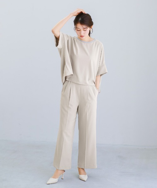 White Collection(ホワイトコレクション)の「【接触冷感・UVカット・速乾】ハイストレッチカルゼワッシャー・センタープレス入りワイドパンツ(その他パンツ・レディース・ネイビー/チャコールグレー/グレイッシュベージュ・M)」の4枚目の写真