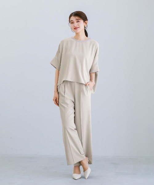 White Collection(ホワイトコレクション)の「【接触冷感・UVカット・速乾】ハイストレッチカルゼワッシャー・センタープレス入りワイドパンツ(その他パンツ・レディース・ネイビー/チャコールグレー/グレイッシュベージュ・M)」の5枚目の写真