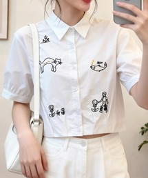 カジュアル刺繍半袖シャツブラウス