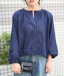 モチーフ刺繍ノーカラーブラウス(コットン100%)