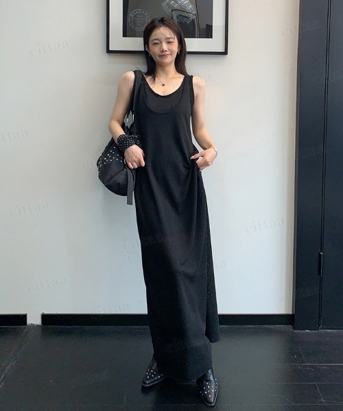 Dalfwin（ダールフィン）の「韓国ファッション レイヤードデザインタンクトップワンピース（ワンピース・レディース・ブラック・FREE）」の3枚目の写真