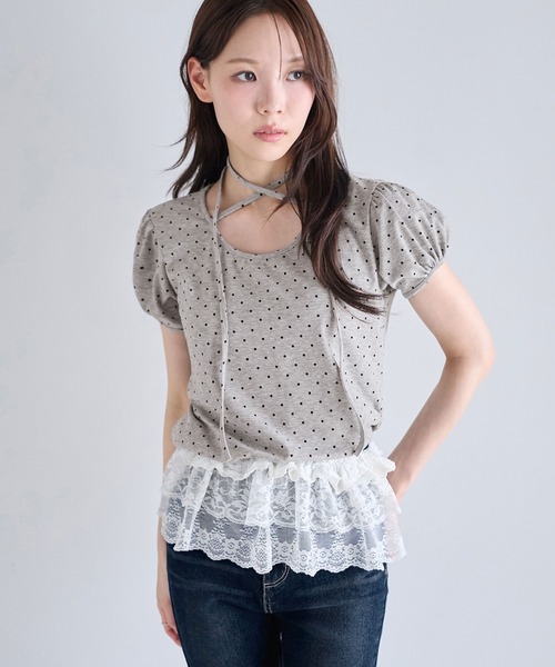 CHAN ME(チャンミ)の「チョーカー風デザイン付き半袖トップス(Tシャツ/カットソー・レディース・グレー/アイボリー/ブラック・MEDIUM/LARGE/X-LARGE)」の14枚目の写真