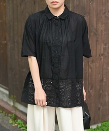 【indian Cotton Collection】裾レースギャザー半袖ブラウス(インド綿.インドコットン.コットン100%,綿100%)