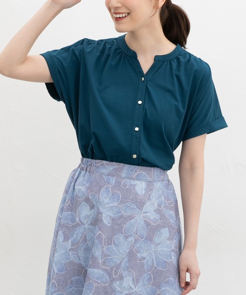 Honeys(ハニーズ)の「【ハニさら・接触冷感・UVカット】マオスキッパートップス(Tシャツ/カットソー・レディース・ブルーグリーン/ブラック/アイボリー/ボルドー・L/LL/S/M)」の3枚目の写真