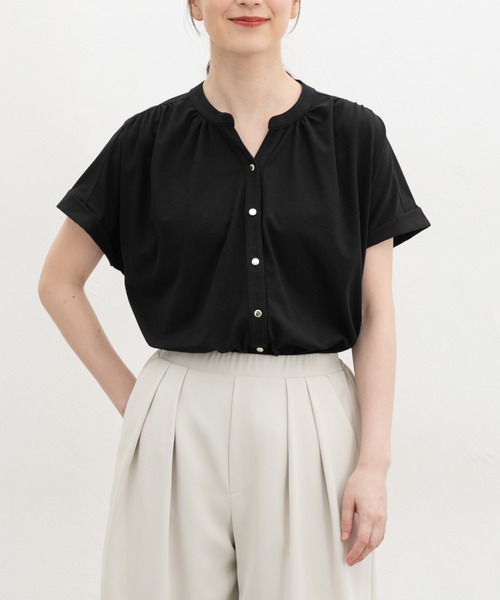 Honeys(ハニーズ)の「【ハニさら・接触冷感・UVカット】マオスキッパートップス(Tシャツ/カットソー・レディース・ブルーグリーン/ブラック/アイボリー/ボルドー・L/LL/S/M)」の2枚目の写真