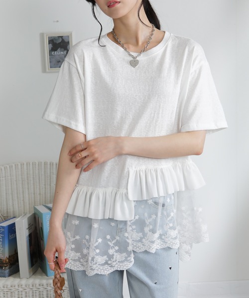 pumpkin port(パンプキンポート)の「アシメヘム2段レース Tシャツ(Tシャツ/カットソー・レディース・ホワイト・M)」の3枚目の写真