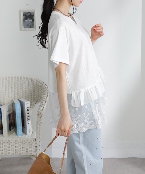 pumpkin port(パンプキンポート)の「アシメヘム2段レース Tシャツ(Tシャツ/カットソー・レディース・ホワイト・M)」の7枚目の写真