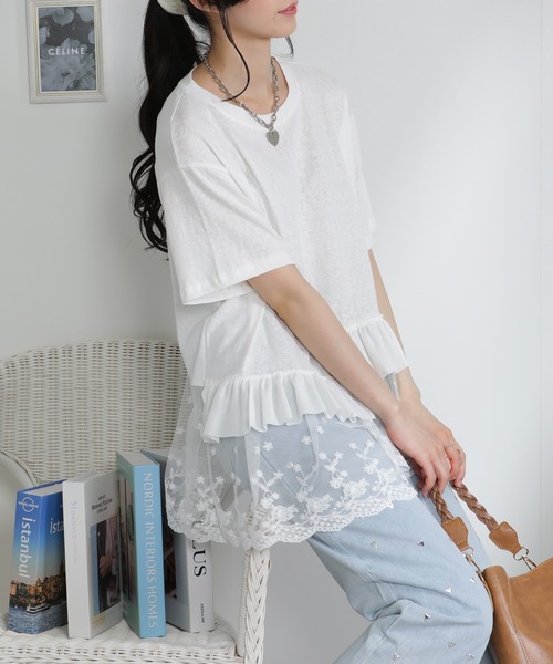 pumpkin port(パンプキンポート)の「アシメヘム2段レース Tシャツ(Tシャツ/カットソー・レディース・ホワイト・M)」の9枚目の写真