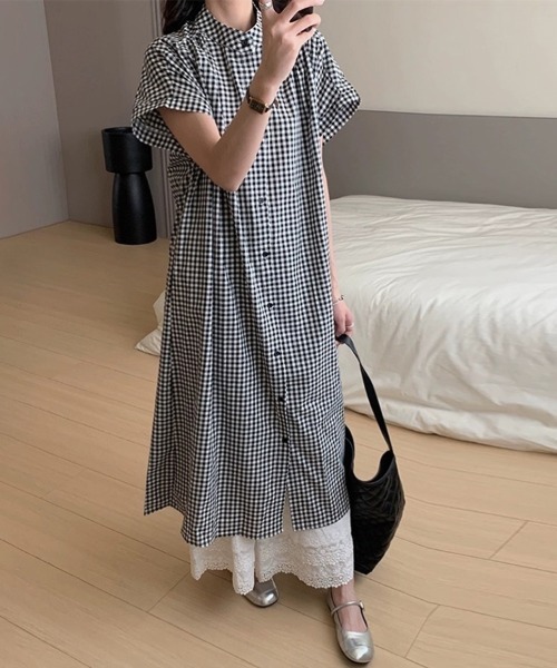ONEP STAR（ワンピスター）の「チェック柄スタンドカラーシャツワンピース（シャツワンピース・レディース・ブラック・MEDIUM/LARGE/X-LARGE）」の2枚目の写真