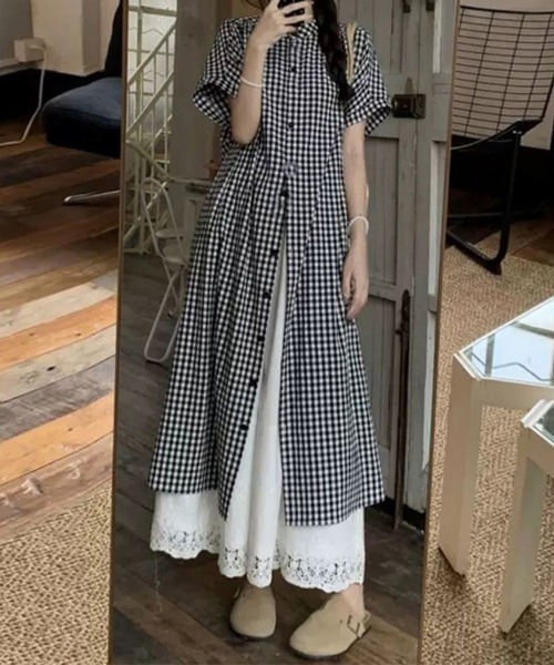 ONEP STAR（ワンピスター）の「チェック柄スタンドカラーシャツワンピース（シャツワンピース・レディース・ブラック・MEDIUM/LARGE/X-LARGE）」の3枚目の写真