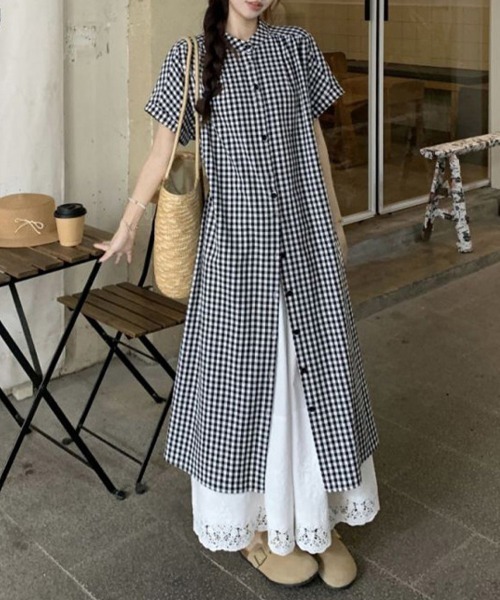 ONEP STAR（ワンピスター）の「チェック柄スタンドカラーシャツワンピース（シャツワンピース・レディース・ブラック・MEDIUM/LARGE/X-LARGE）」の4枚目の写真