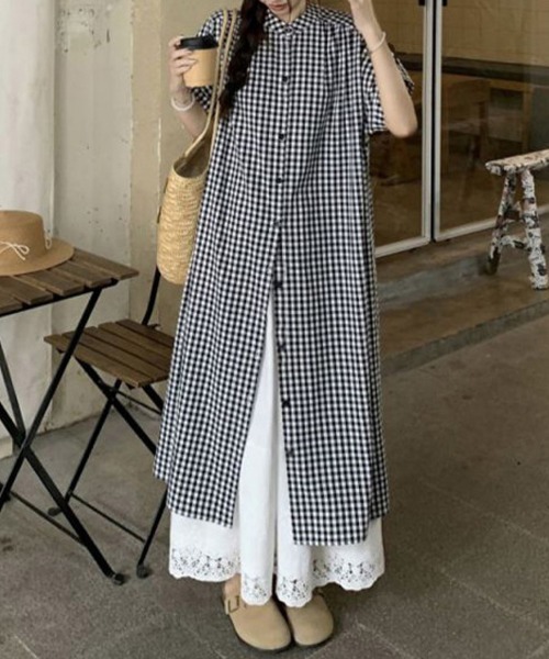 ONEP STAR（ワンピスター）の「チェック柄スタンドカラーシャツワンピース（シャツワンピース・レディース・ブラック・MEDIUM/LARGE/X-LARGE）」の6枚目の写真