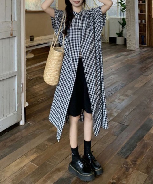ONEP STAR（ワンピスター）の「チェック柄スタンドカラーシャツワンピース（シャツワンピース・レディース・ブラック・MEDIUM/LARGE/X-LARGE）」の8枚目の写真