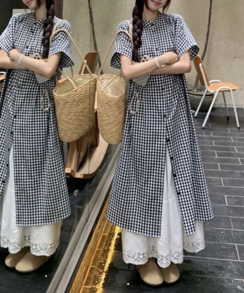 ONEP STAR（ワンピスター）の「チェック柄スタンドカラーシャツワンピース（シャツワンピース・レディース・ブラック・MEDIUM/LARGE/X-LARGE）」の9枚目の写真