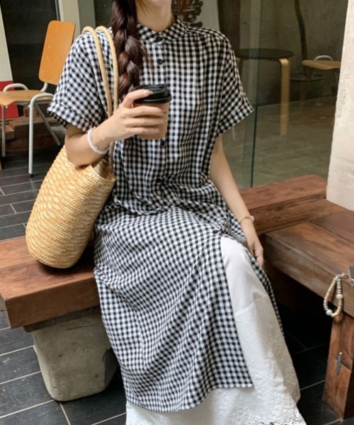 ONEP STAR（ワンピスター）の「チェック柄スタンドカラーシャツワンピース（シャツワンピース・レディース・ブラック・MEDIUM/LARGE/X-LARGE）」の11枚目の写真