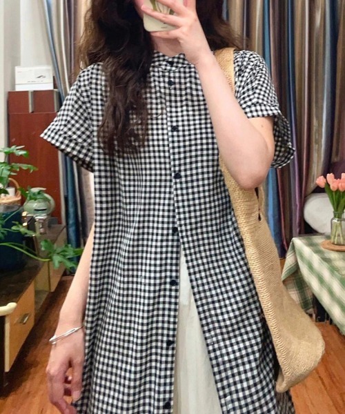 ONEP STAR（ワンピスター）の「チェック柄スタンドカラーシャツワンピース（シャツワンピース・レディース・ブラック・MEDIUM/LARGE/X-LARGE）」の12枚目の写真
