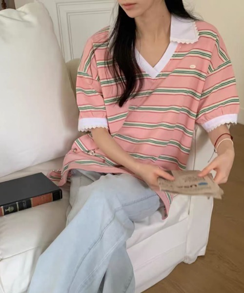 FAVORITO(ファヴォリート)の「ボーダー襟付きトップス(Tシャツ/カットソー・レディース・ピンク/オレンジ/ブルー・F)」の1枚目の写真