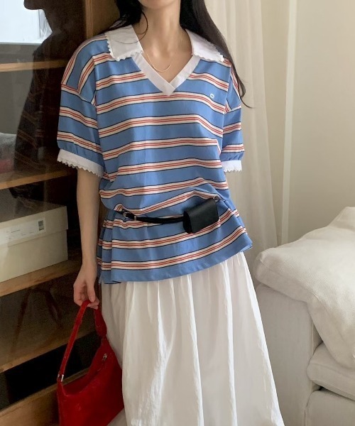 FAVORITO(ファヴォリート)の「ボーダー襟付きトップス(Tシャツ/カットソー・レディース・ピンク/オレンジ/ブルー・F)」の2枚目の写真