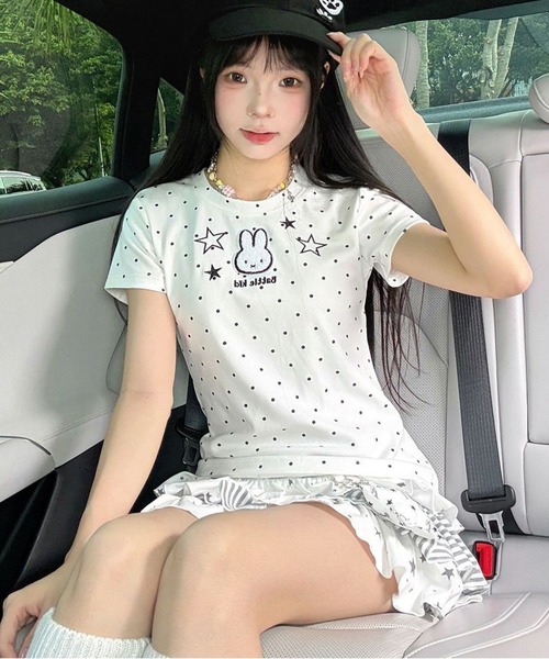 AsheKsha(アシクシャ)の「かわいい刺繍のウサギと水玉柄のラウンドネック・ストレートショルダー半袖Tシャツ(Tシャツ/カットソー・レディース・ホワイト・M)」の18枚目の写真