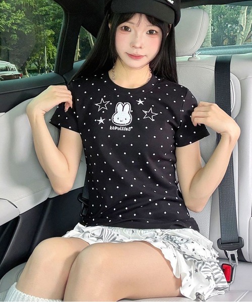 AsheKsha(アシクシャ)の「かわいい刺繍のウサギと水玉柄のラウンドネック・ストレートショルダー半袖Tシャツ(Tシャツ/カットソー・レディース・ホワイト・M)」の12枚目の写真