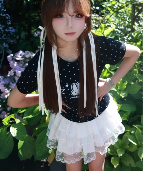 AsheKsha(アシクシャ)の「かわいい刺繍のウサギと水玉柄のラウンドネック・ストレートショルダー半袖Tシャツ(Tシャツ/カットソー・レディース・ホワイト・M)」の11枚目の写真