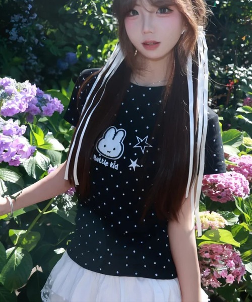 AsheKsha(アシクシャ)の「かわいい刺繍のウサギと水玉柄のラウンドネック・ストレートショルダー半袖Tシャツ(Tシャツ/カットソー・レディース・ホワイト・M)」の10枚目の写真