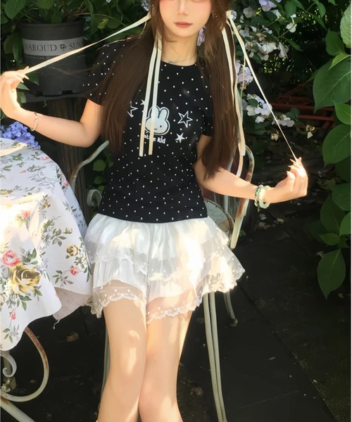 AsheKsha(アシクシャ)の「かわいい刺繍のウサギと水玉柄のラウンドネック・ストレートショルダー半袖Tシャツ(Tシャツ/カットソー・レディース・ホワイト・M)」の8枚目の写真