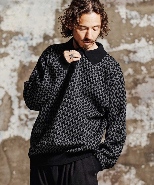 Jih Nunc（ジーヌンク）の「mn3271- ジャガードロングスリーブニットポロ（ニット/セーター・メンズ・ブラック×ホワイト/ブラック×グレー・L/M/S）」の5枚目の写真