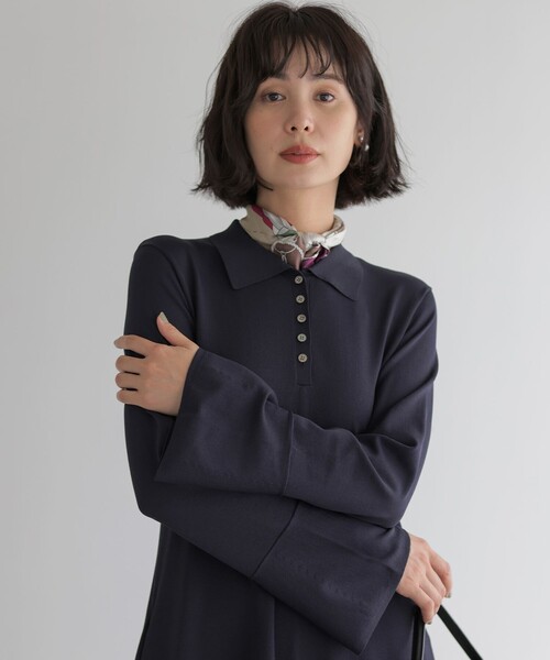 組曲(クミキョク)の「ストレッチクリアニット ポロ襟ワンピース(ワンピース・レディース・ダークブラウン系/イエロー系・F)」の3枚目の写真