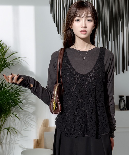 Chandelier（シャンデリア）の「ゆったり クロシェ編み キャミソール ニット ベスト（ベスト・レディース・アイボリー/ブラウン/ブラック・FREE）」の7枚目の写真