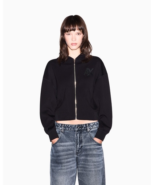 ARMANI EXCHANGE(アルマーニエクスチェンジ)の「【A|X アルマーニ エクスチェンジ】スパンコールロゴ フーデッドジップアップスウェットシャツ(スウェット・レディース・ブラック/ホワイト・LARGE/MEDIUM/SMALL/X-LARGE/X-SMALL)」の2枚目の写真