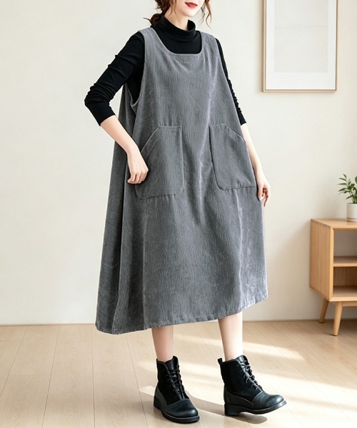 ONEP STAR（ワンピスター）の「コーデュロイポケット付きジャンパースカート（ジャンパースカート・レディース・グレー/ブラック/ダークグレー/ダークブラウン・LARGE/MEDIUM/X-LARGE）」の10枚目の写真
