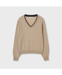 カシミヤブレンドVネック配色ニット ベージュ