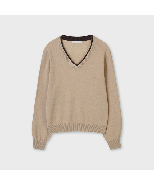 PLAC WOMEN(プレイス・ウィメン)の「カシミヤブレンドVネック配色ニット ベージュ(ニット/セーター・レディース・ベージュ・MEDIUM/SMALL)」の1枚目の写真